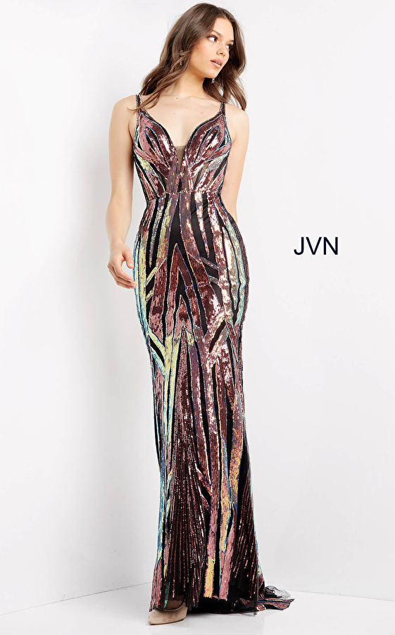 JVN04549 Multi Embellished V Neck Prom Dress